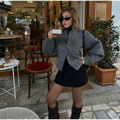 2025 Women's Elegant Long Sleeve Woolen Coat – V-Neck, Single-Breasted Slim Fit Solid Color Office Jacket