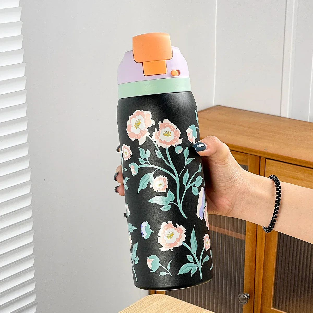 34oz Stainless Steel Water Bottle — Floral Two-Tone Insulated Bottle with Leakproof Sport Lid & Handle, 24H Hot & Cold