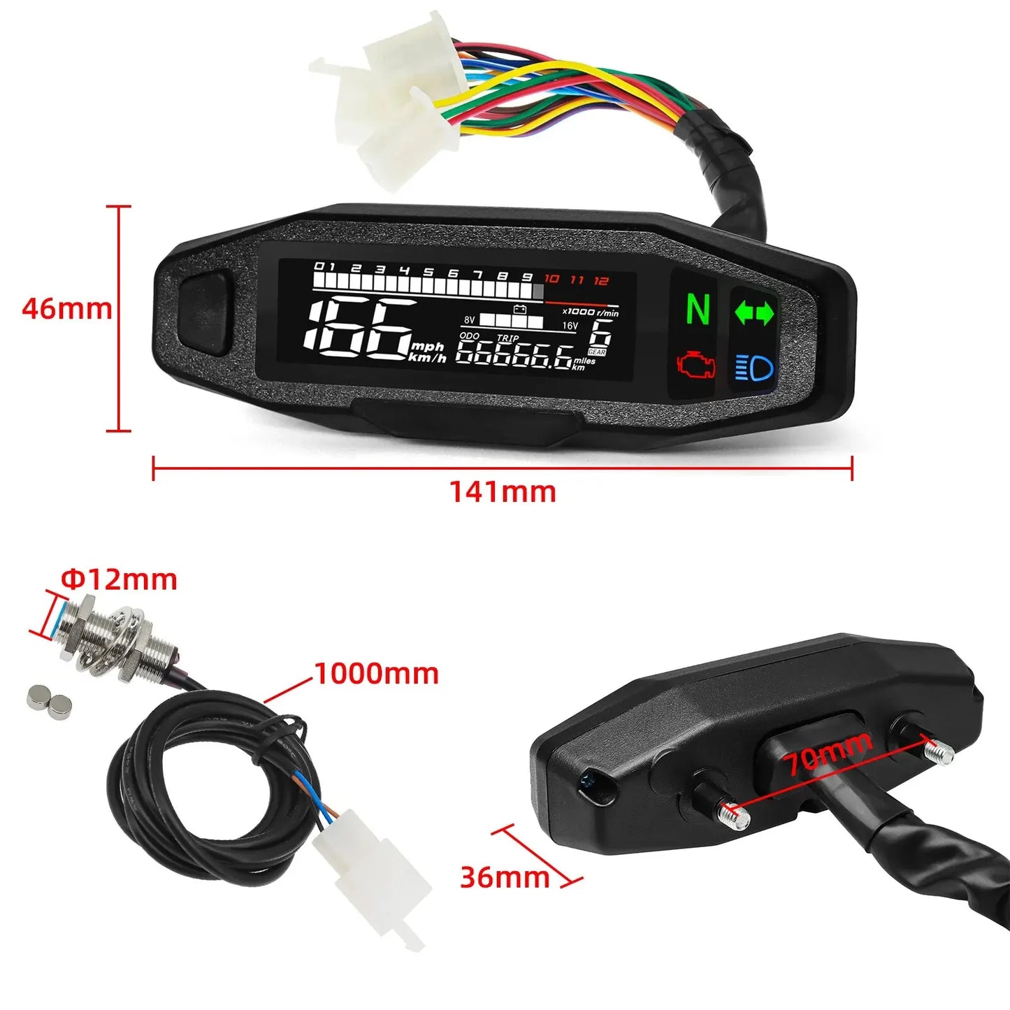 AD Universal Motorcycle Digital Speedometer – LED Tachometer Dashboard Instrument Panel with LCD Display & Y Bracket