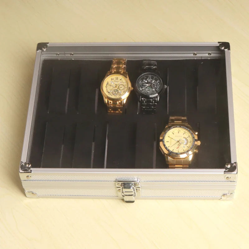 Aluminium Watch Storage Box — 12-Slot Jewelry Display Case with Suede Interior