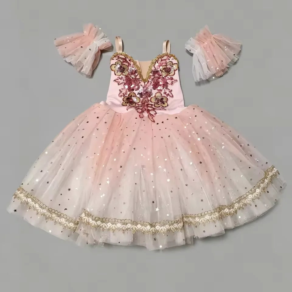 Girls' Ballet Costume - Pink Tulle Skirt with Sequin Flowers for Dance Performances