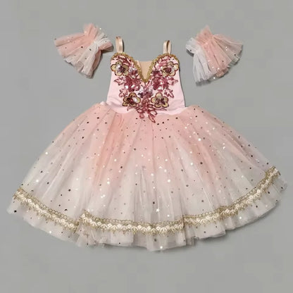 Girls' Ballet Costume - Pink Tulle Skirt with Sequin Flowers for Dance Performances