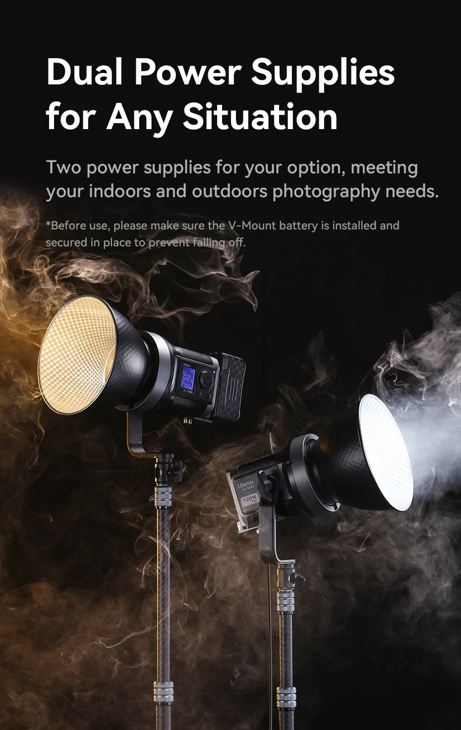 Ulanzi VL-120Bi VL-120C 120W V-Mount COB Light – Wireless APP Control, 2700K-6500K Video Light for Skit Video Photography