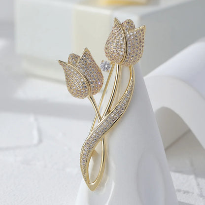 Luxury Tulip Flower Brooch Pin with White Stone – Elegant Rose Floral Jewelry for Women (2023 Design)