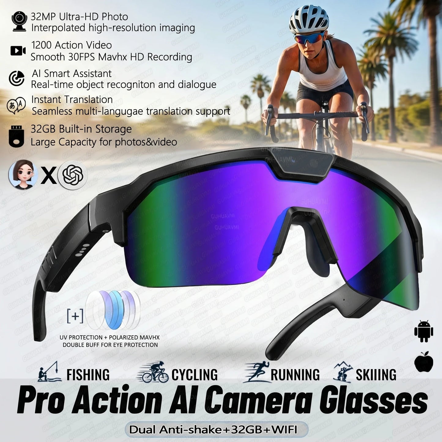 AI Smart Sports Camera Glasses - HD Anti-Shake Recording Sunglasses for Cycling, Riding & Outdoor Activities
