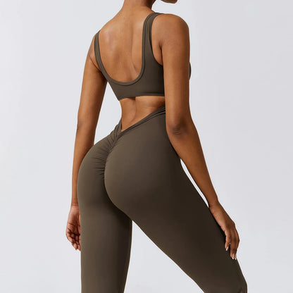 Flaunt Your Style: Sexy Back V Jumpsuit Gym Set - Women's Sportswear, Fitness Rompers for Stretch Workout Bodysuits