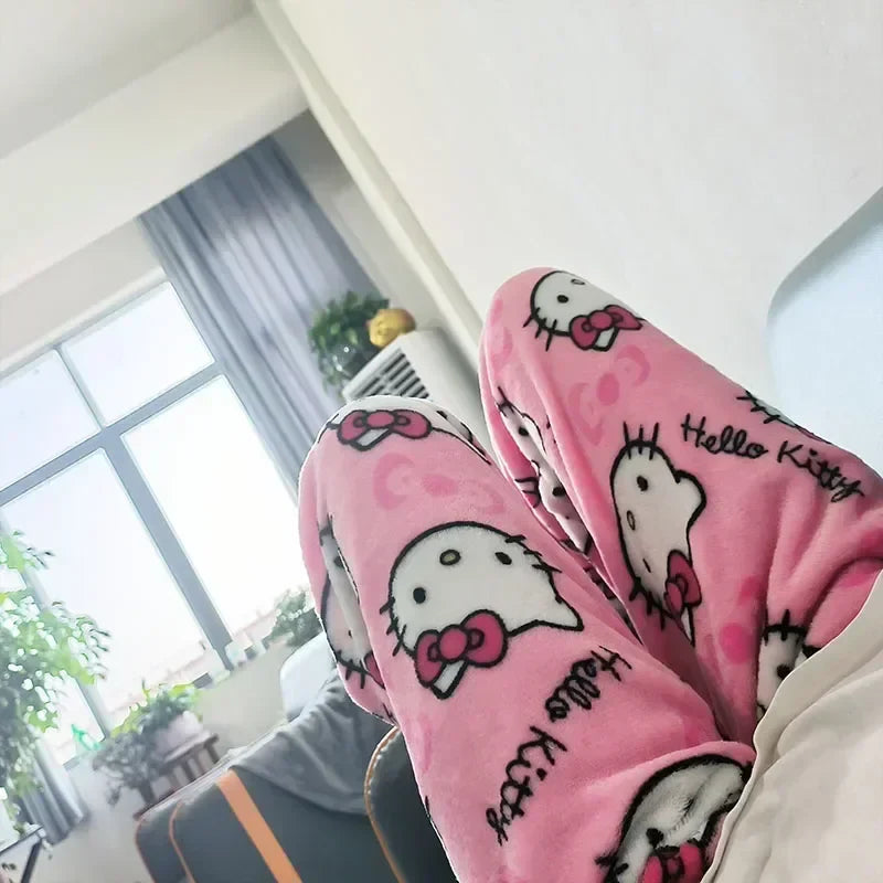 Thick Hello Kitty Fleece Pajama Pants – Soft Double Elastic Anime Trousers for Women, Cute Sanrio Birthday Gift