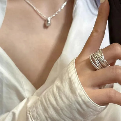 925 Sterling Silver Open Ring — Handmade Geometric Irregular Cross Lines for Women