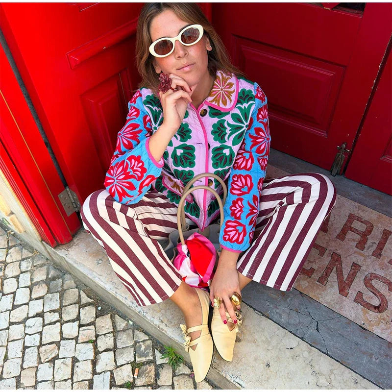 2025 Women’s Printed Quilted Padded Jacket – Collared Cotton Coat with Contrast Piped Pockets, Casual Autumn Outerwear