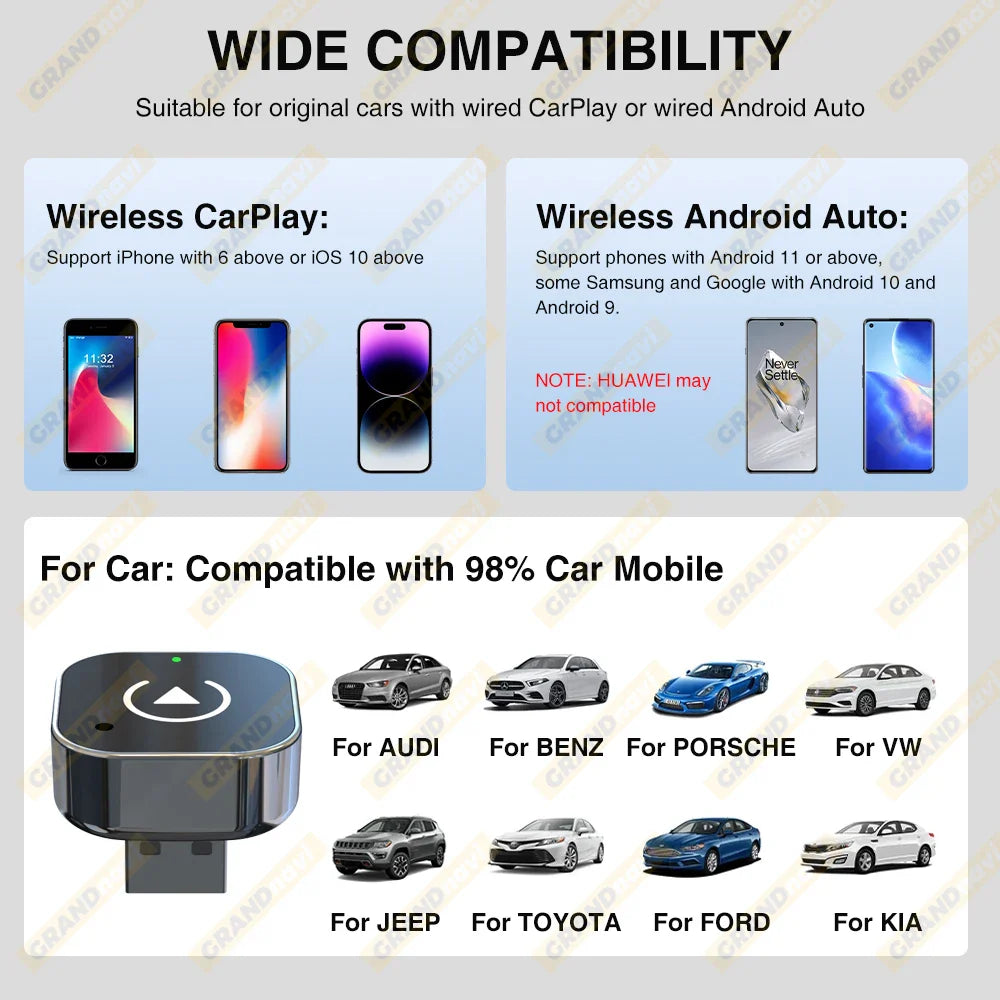 2-in-1 Wired to Wireless CarPlay & Android Auto Adapter — USB Plug & Play with Bluetooth for OEM Car Stereo