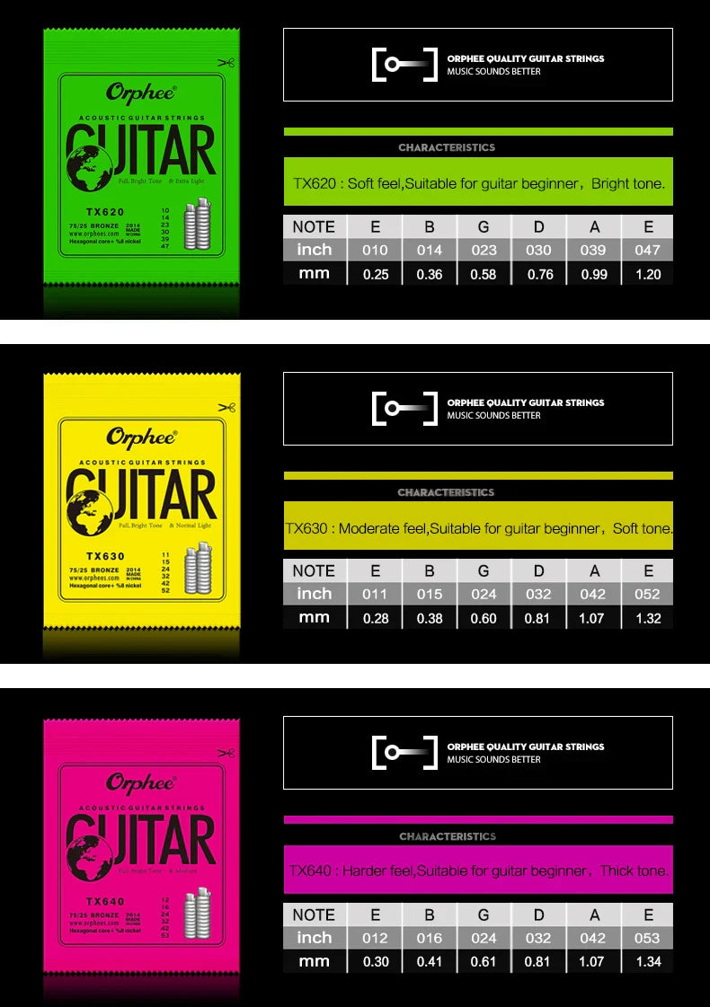 Orphee Acoustic Guitar Strings – 6Pcs/Set, Hexagonal Core, Full Bright Tone, TX620/TX630/TX640, Folk Guitar Accessories
