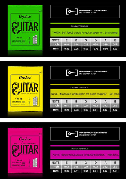 Orphee Acoustic Guitar Strings – 6Pcs/Set, Hexagonal Core, Full Bright Tone, TX620/TX630/TX640, Folk Guitar Accessories