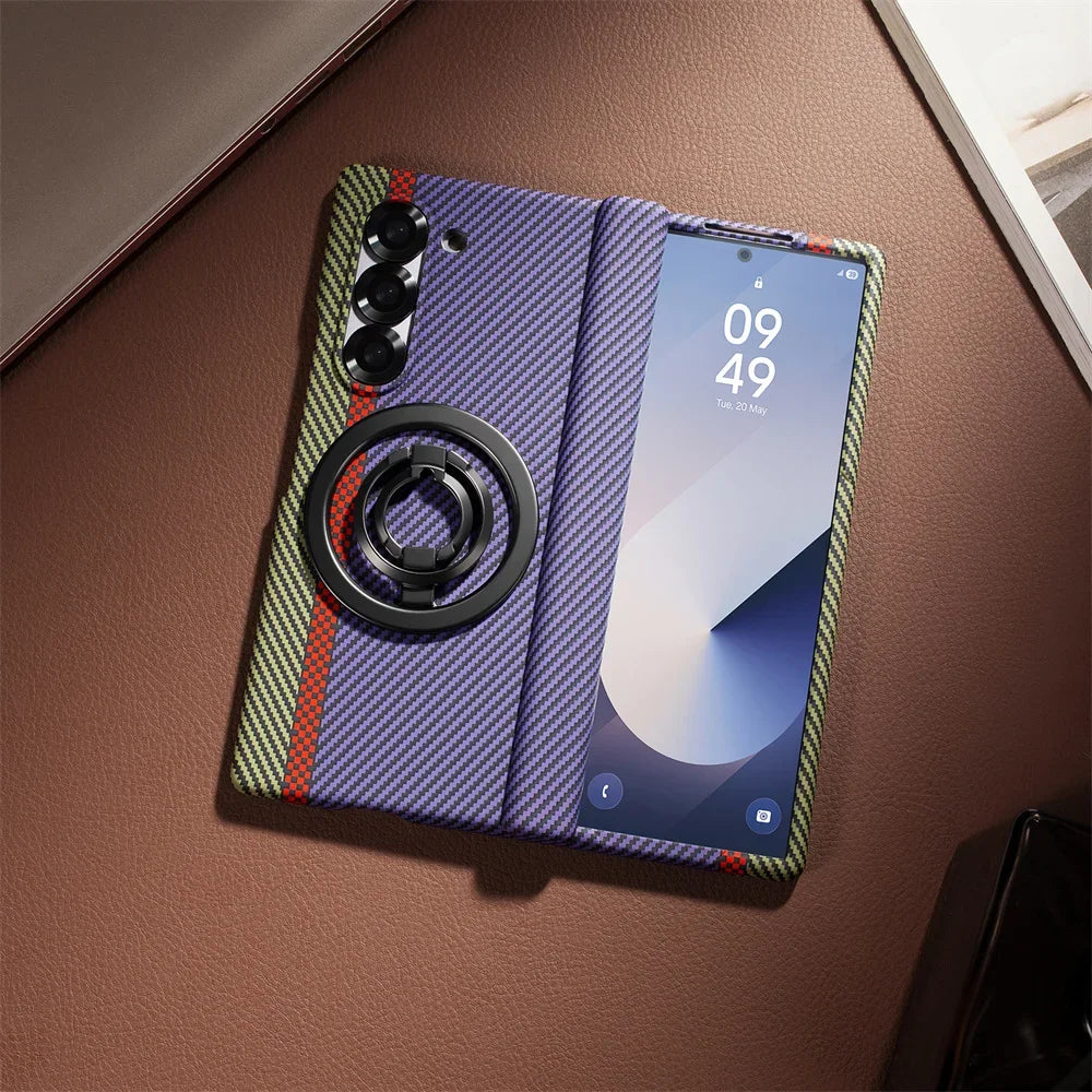 Carbon Fiber Magnetic Phone Case - Slim Shockproof Cover with Ring Holder Kickstand for Samsung Galaxy Z Fold 7/6/5/4/3 5G