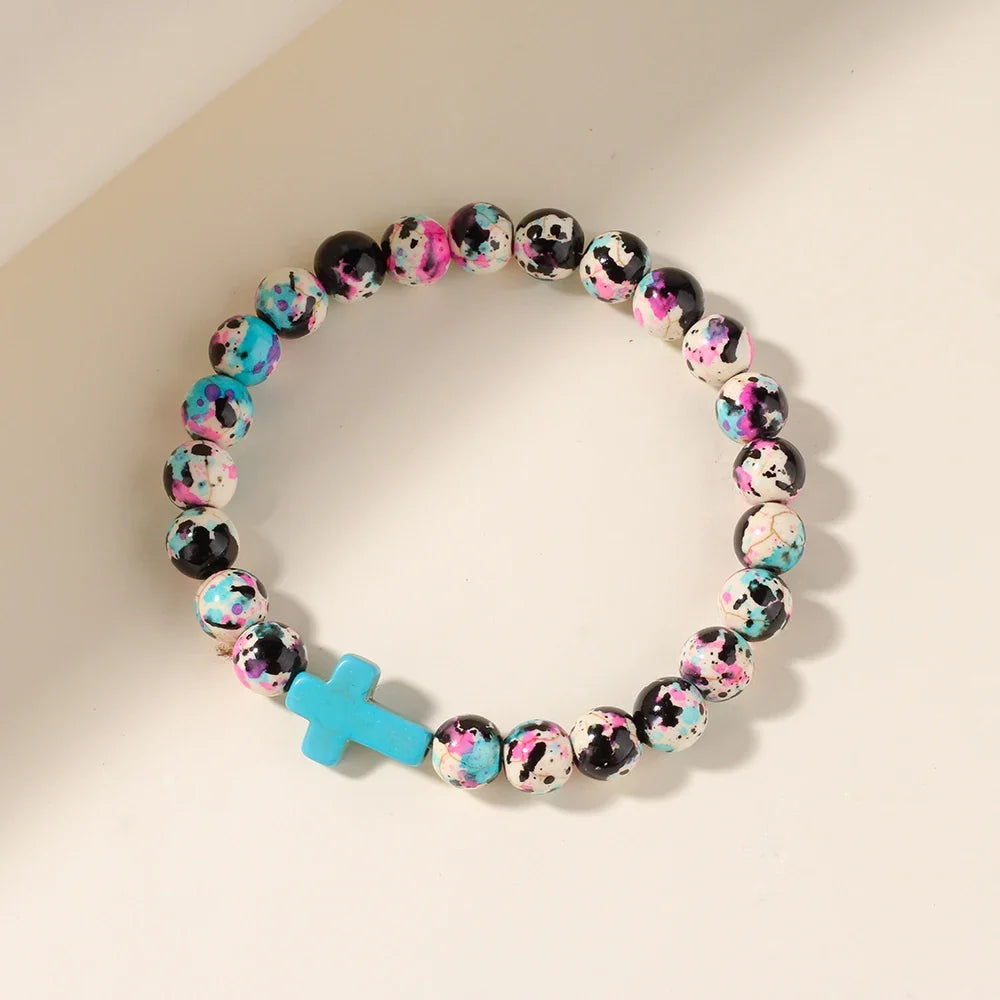 Jesus Cross Beaded Bracelet - Colorful Stone Faith Jewelry for Women, Meditation & Baptism Gifts