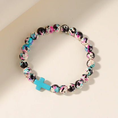 Jesus Cross Beaded Bracelet - Colorful Stone Faith Jewelry for Women, Meditation & Baptism Gifts