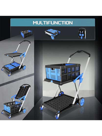 Collapsible Multi-Use Utility Cart — Adjustable Folding Shopping Trolley with Storage Crate, Lightweight Moving Cart
