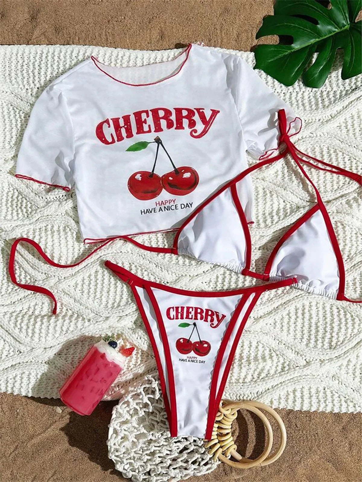 Women’s Cherry Print Three-Piece Bikini Set — Short Sleeve Swimsuit XS-L