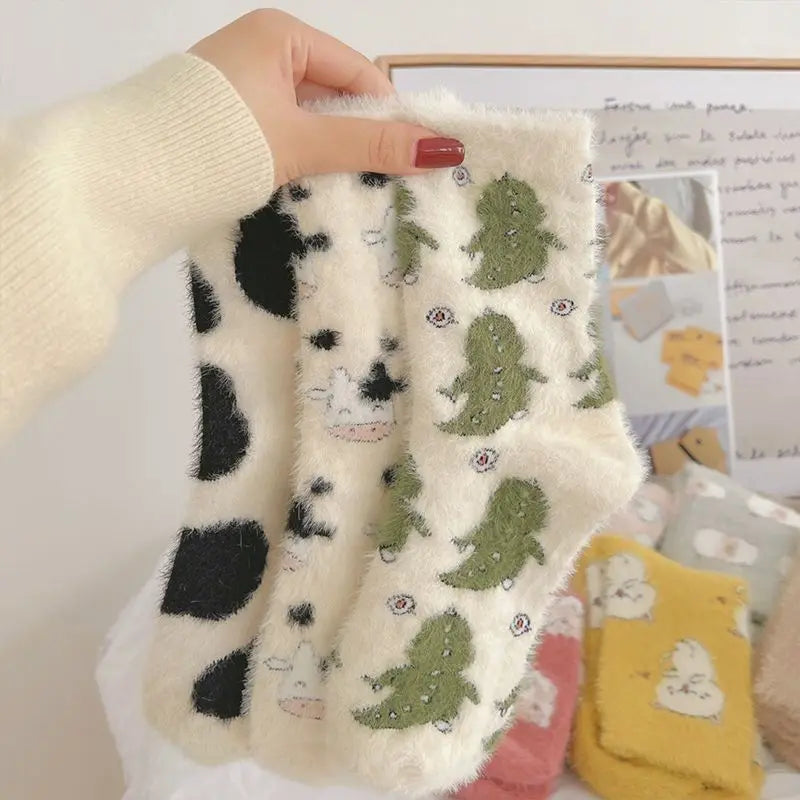 Cartoon Cow Mink Velvet Socks — Cute Cloud Plush Medium Tube Winter Socks for Women, Soft Indoor Stockings