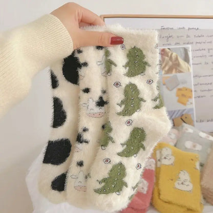 Cartoon Cow Mink Velvet Socks — Cute Cloud Plush Medium Tube Winter Socks for Women, Soft Indoor Stockings
