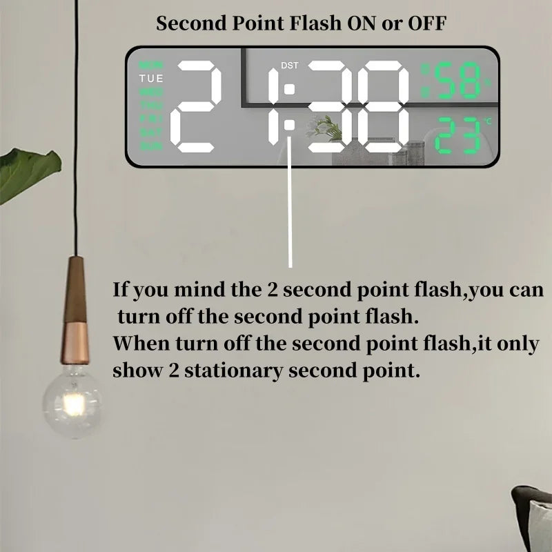 9-Inch Digital Wall Clock — USB Powered LED Table Clock with Temperature, Humidity, Week Display, Auto Dimmer, DST, 12/24H & Alarm