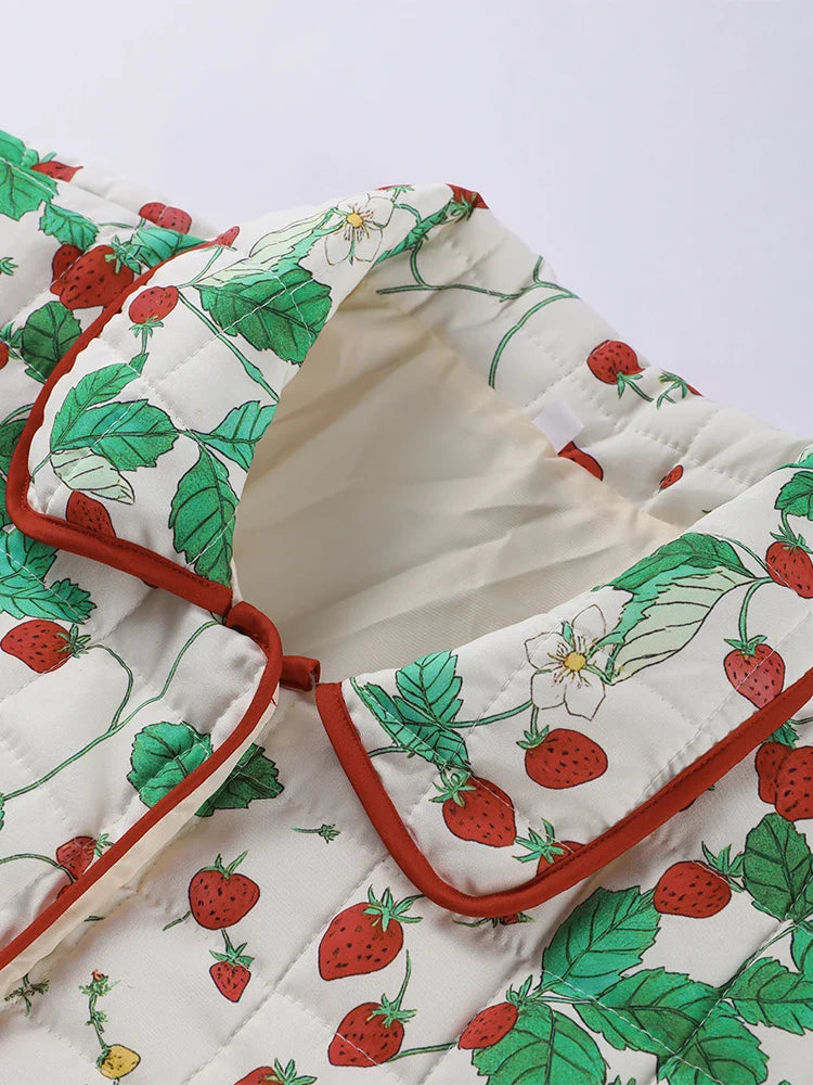 2025 Women’s Printed Quilted Padded Jacket – Collared Cotton Coat with Contrast Piped Pockets, Casual Autumn Outerwear