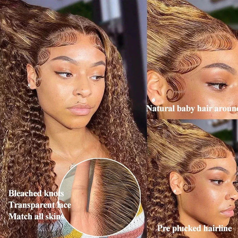 HD Lace Highlight Wig – Ombre Human Hair 13x6 Deep Wave Frontal Wig, Brazilian 13x4 Water Wave Curly Wig for Women