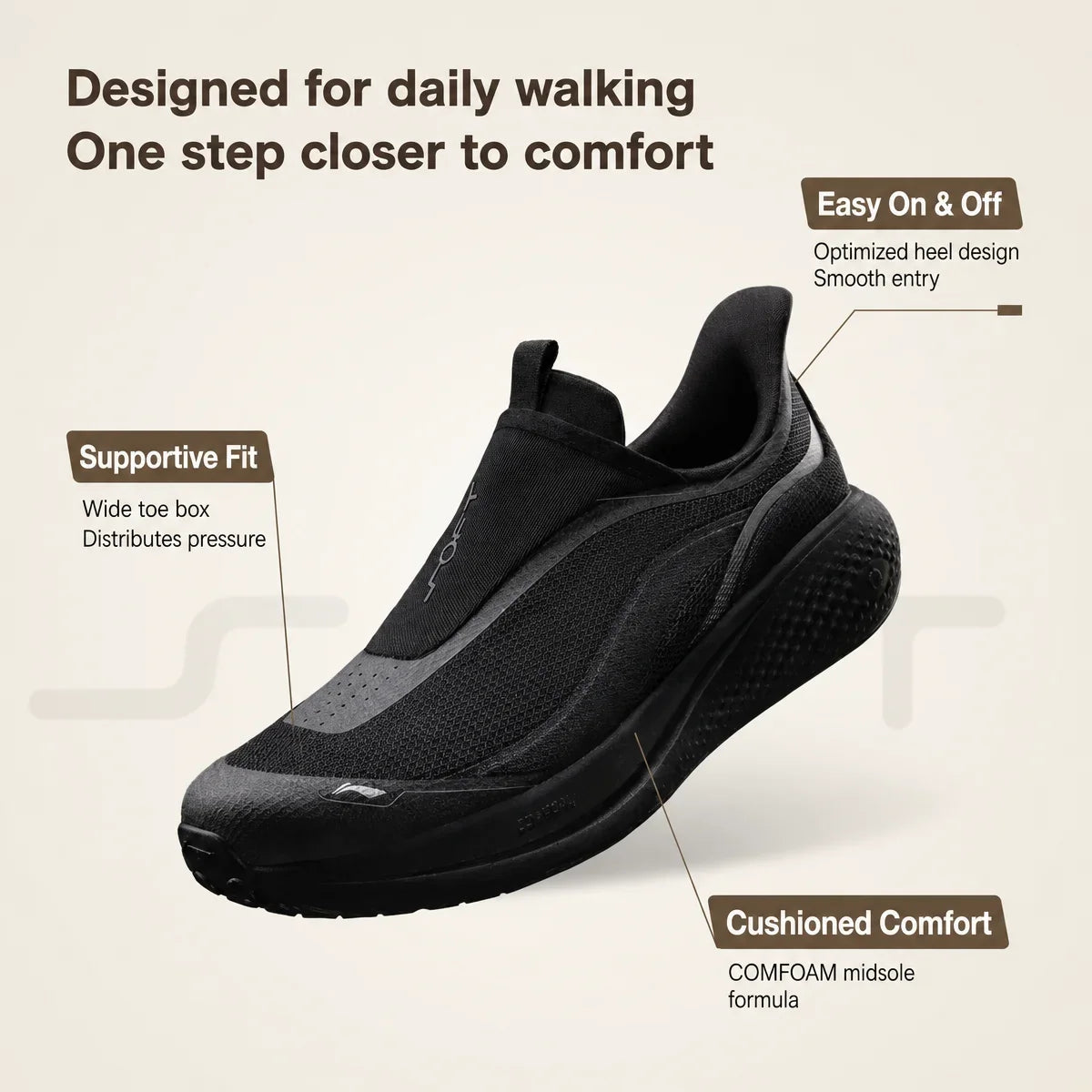 Li-Ning SOFT GO 3 Slip-On Shoes - Breathable COMFOAM Casual Walking Sneakers for Men