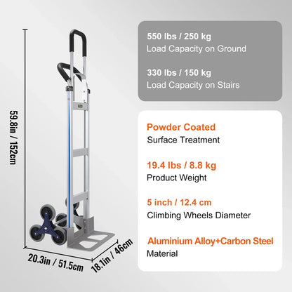 VEVOR Heavy Duty Stair Climbing Cart Trolley - Folding 550/375/220lbs Dual Handle Truck Frame for Warehouse & Airport Use   2/2