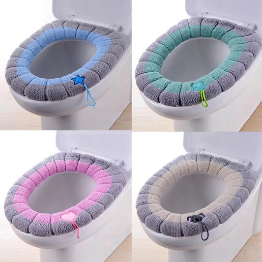 Washable Winter Warm Toilet Seat Cover with Handle - Thick, Soft Cushion Warmer for Bathroom Accessories