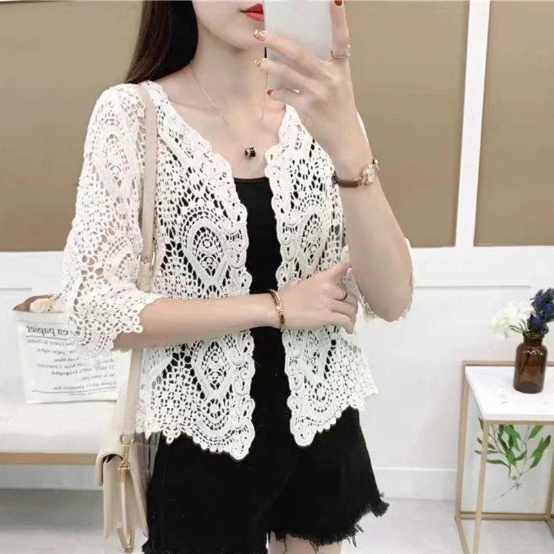 Women’s Knitted Lace Shrug – Boho Hollow Crochet Floral 3/4 Sleeves, Open Front Cropped Cardigan, Elegant Mesh Sweater Cover-Up