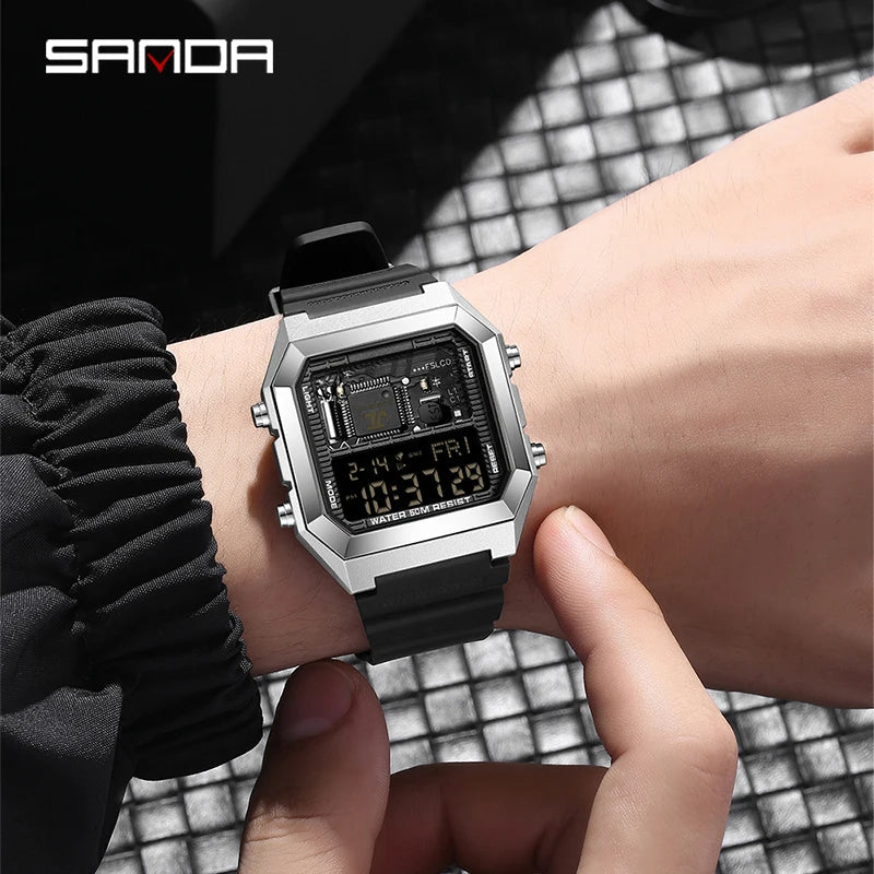 SANDA 6216 Men's Digital Sport Watch - Square LED Display, Waterproof Alarm & Stopwatch