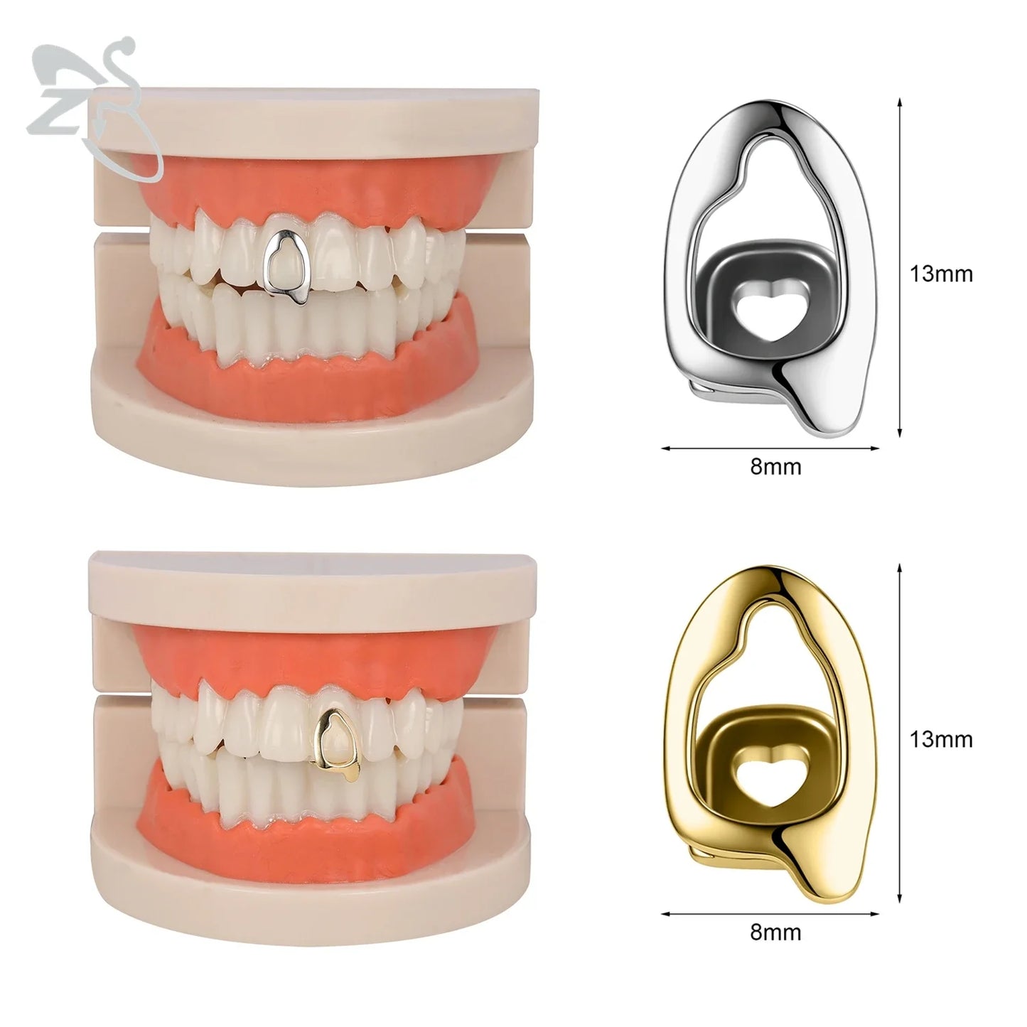 ZS Hip Hop Grillz – Silver/Gold Plated CZ Crystal Cross & Rose Star Tooth Cap, Top & Bottom Set