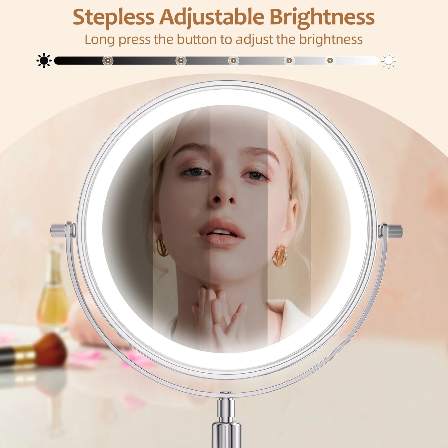 8-Inch Makeup Mirror with Light – 10X Magnification, 3 Color LED, Adjustable Brightness & Height Standing Cosmetic Mirror