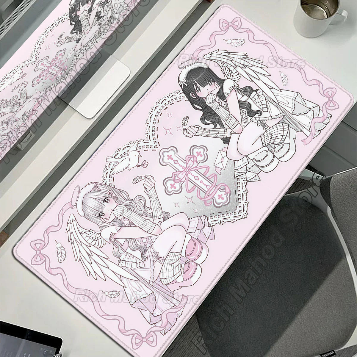 Anime Cute Angel Girl XXL Mouse Pad — Extended Gaming Desk Mat for Laptop, PC, Keyboard, Kawaii Pink Mousepad Carpet