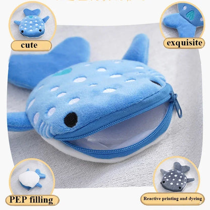 Cute Blue Shark Mini Coin Purse – Plush Zipper Wallet for Women, Key & Earphone Pouch