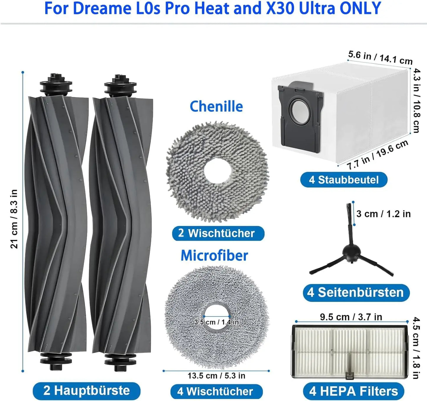 Dreame Robot Vacuum Accessories - Replacement Main Brush, Side Brush, Filter, Mop & Dust Bag for L10s Pro Ultra X30 Series
