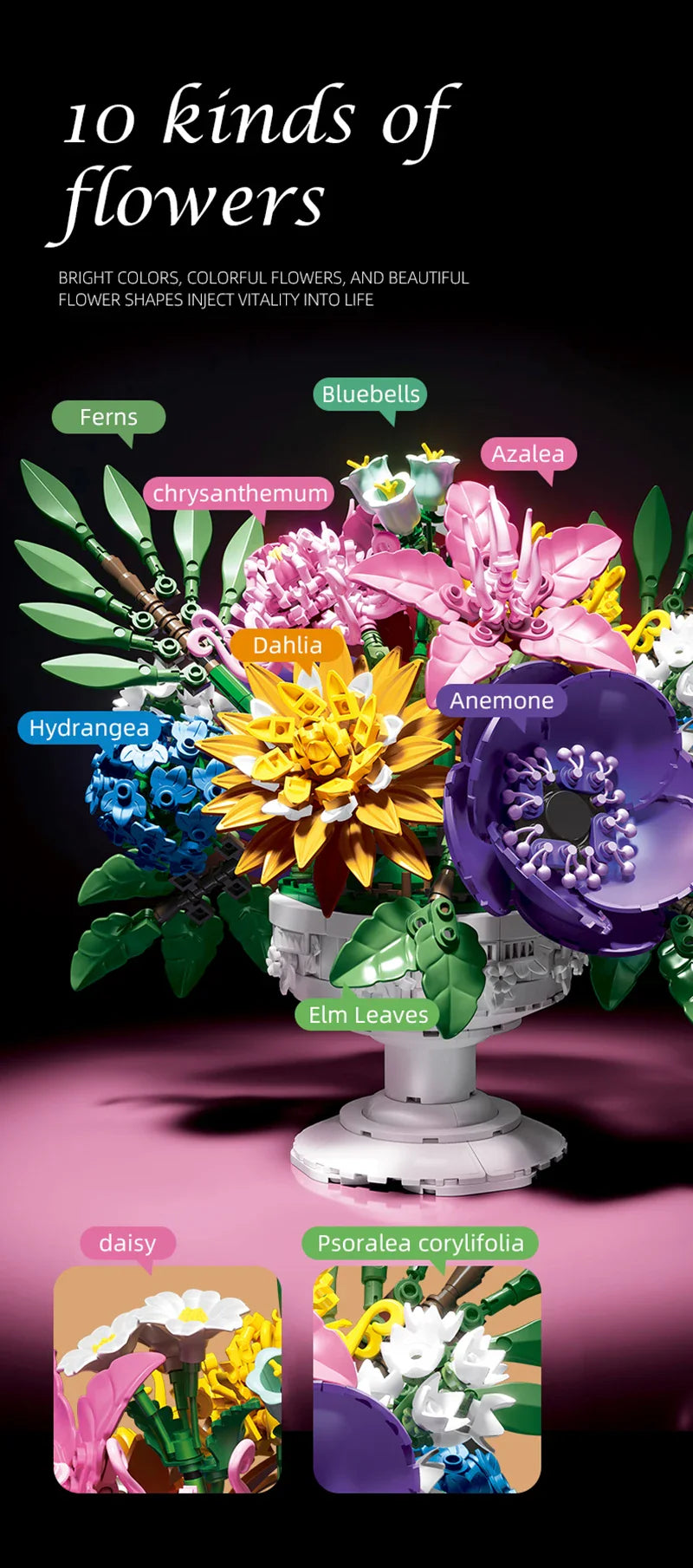 1081PCS Dream Flower Bouquet Building Blocks – Model Room & Garden Ornaments Toy for Kids, Girls, Adults, Christmas Gifts