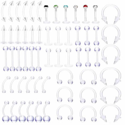 10/60PCS Clear Acrylic Body Jewelry – Transparent Lip, Ear, Nose, Tongue, Eyebrow & Belly Rings