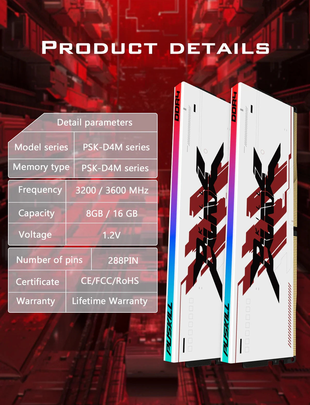 PUSKILL RGB DDR4 Gaming RAM – 8GB/16GB 3200MHz-3600MHz DIMM Desktop Memory