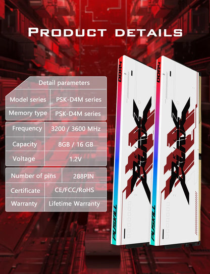PUSKILL RGB DDR4 Gaming RAM – 8GB/16GB 3200MHz-3600MHz DIMM Desktop Memory