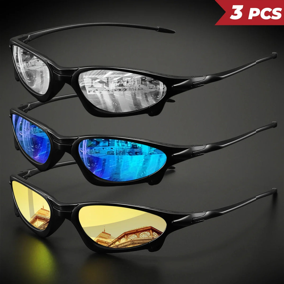 3PCS Futuristic Sports Sunglasses Set – Small Frame Wraparound UV400 Eyewear | Colorful Cycling, Fishing & Travel Protective Outdoor Sunglasses