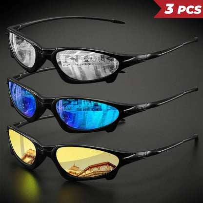 3PCS Futuristic Sports Sunglasses Set – Small Frame Wraparound UV400 Eyewear | Colorful Cycling, Fishing & Travel Protective Outdoor Sunglasses