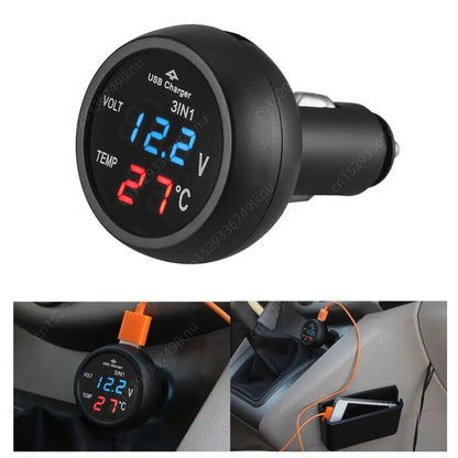 3-in-1 Car Charger & Voltmeter – 12/24V USB Charger with Thermometer, LED Digital Display & Current/Volt Detector