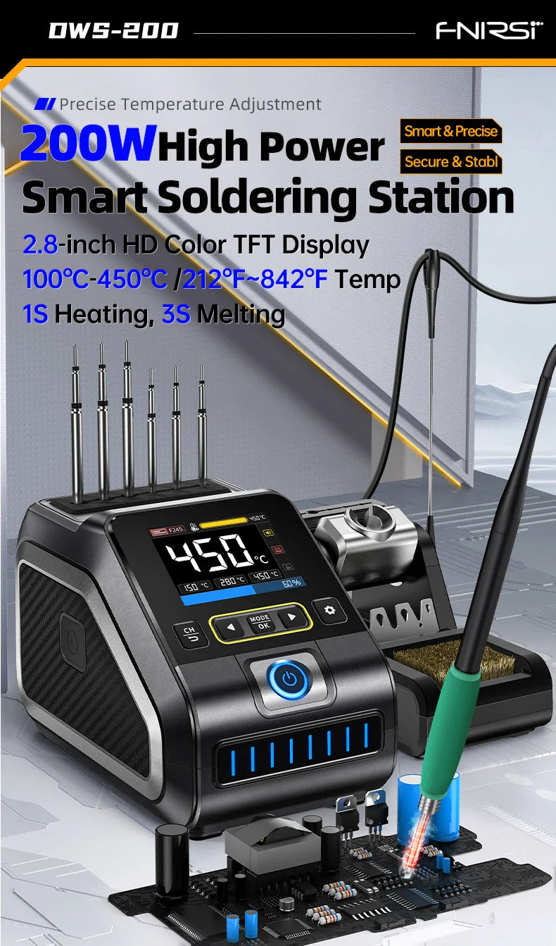FNIRSI DWS-200 200W Power Soldering Iron Station | C210 C245 Handle for Electronic Welding & Rework