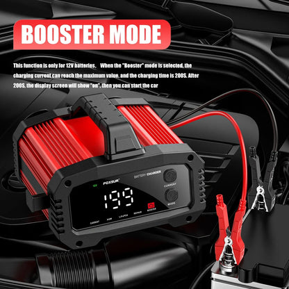 Portable 25A/15A Smart Car Battery Charger — 12V/24V AGM, GEL, LiFePO4 Motorcycle & Car Booster with Pulse Repair