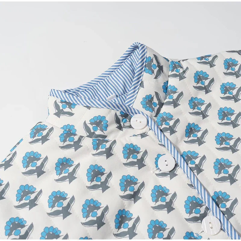 2025 Women’s Printed Quilted Padded Jacket – Collared Cotton Coat with Contrast Piped Pockets, Casual Autumn Outerwear