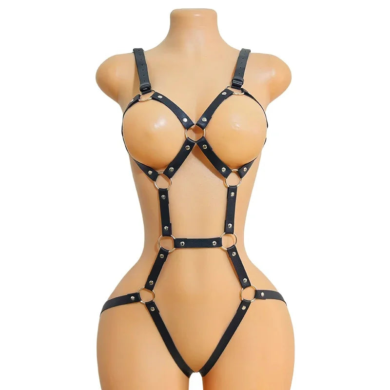 Women Black PU Leather Punk Lace-Up Bodysuit – Adjustable One-Piece Tight-Fit Fashion Harness Accessory