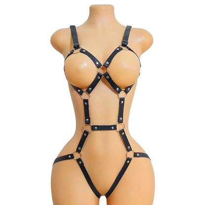 Women Black PU Leather Punk Lace-Up Bodysuit – Adjustable One-Piece Tight-Fit Fashion Harness Accessory