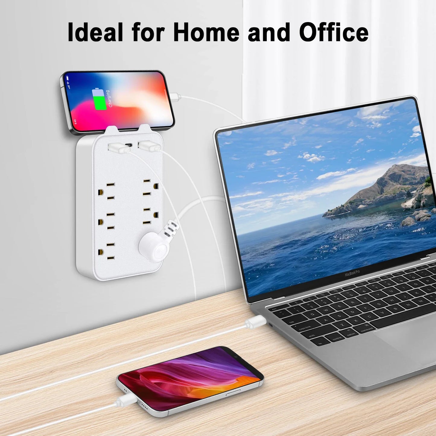 9-in-1 Surge Protector Power Strip: 6-Outlet Extender with 2 USB & 1 USB-C Ports - Multi Plug Outlets Wall Adapter Spaced for Home
