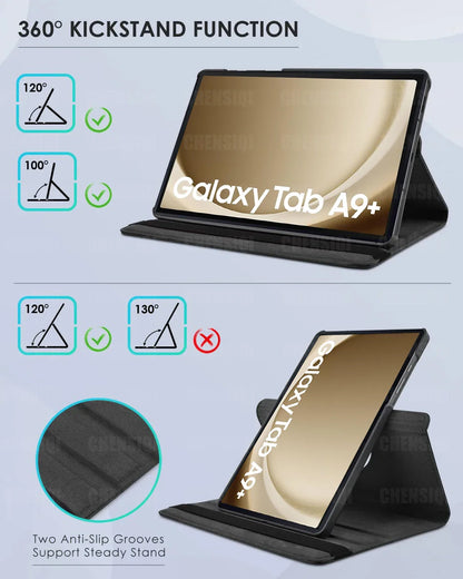 Samsung Galaxy Tab A9+ (11-inch) 2023 Case – PU Leather Cover with Sleep/Wake Function, 360° Rotating Stand & Protective Shell